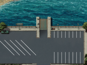1990s computer game graphics style. Top-down view. Seaside parking lot with central boat launch and long parking spots for vehicles with trailers, in diagonal and perpendicular orientations.
