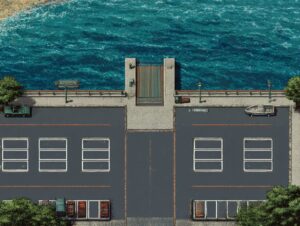 Low colour, 1990s era computer game graphics style top-down view of a seaside parking lot with central boat launch.
